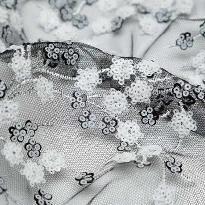Stretch Net with Sequins - White Fancy Floral Clusters on Black Detail