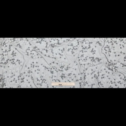 Stretch Net with Sequins - White Fancy Floral Clusters on Black Full