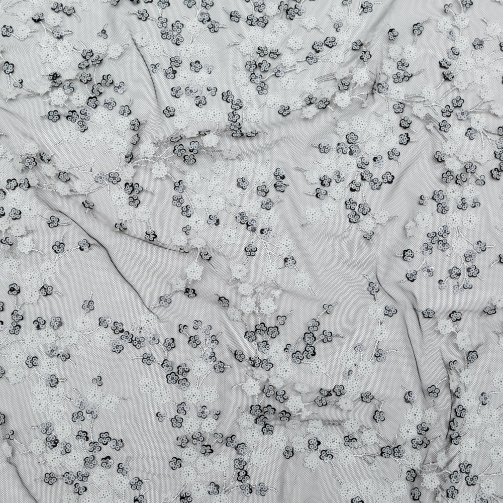 Stretch Net with Sequins - White Fancy Floral Clusters on Black