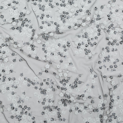 Stretch Net with Sequins - White Fancy Floral Clusters on Black