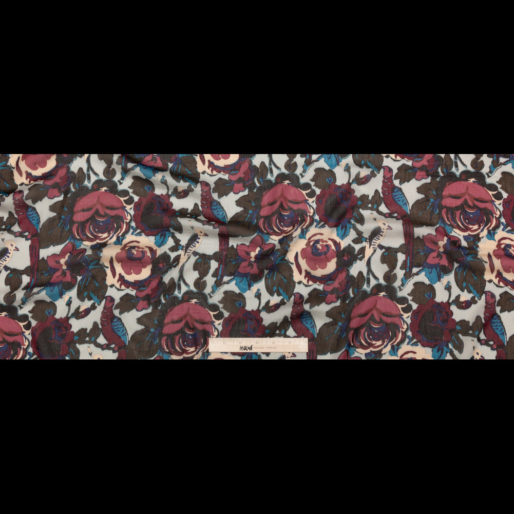 Famous NYC Designer Moonstruck, Poseidon and Sailor Blue Birds and Florals Blended Silk Georgette Folded