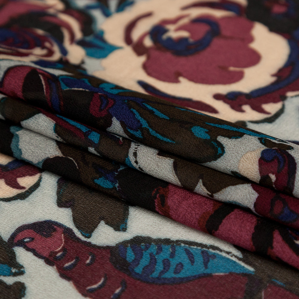 Famous NYC Designer Moonstruck, Poseidon and Sailor Blue Birds and Florals Blended Silk Georgette Detail