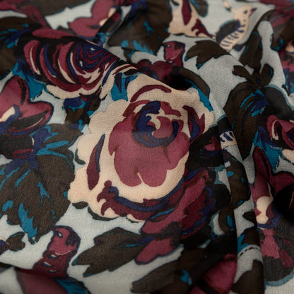 Famous NYC Designer Moonstruck, Poseidon and Sailor Blue Birds and Florals Blended Silk Georgette Full