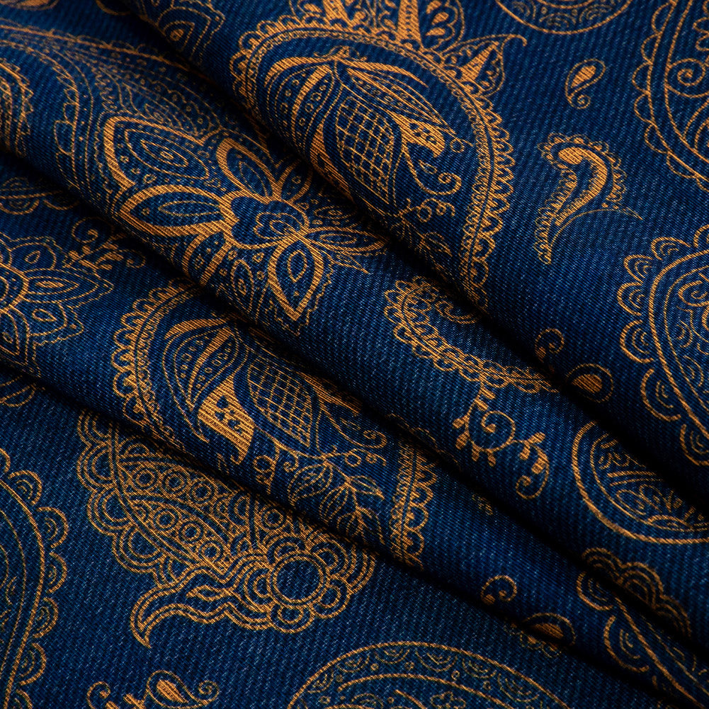 Estate Blue and Gold Paisley Caye UV Protective Compression Swimwear Tricot with Aloe Vera Microcapsules Folded