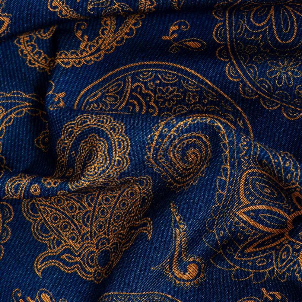 Estate Blue and Gold Paisley Caye UV Protective Compression Swimwear Tricot with Aloe Vera Microcapsules Detail