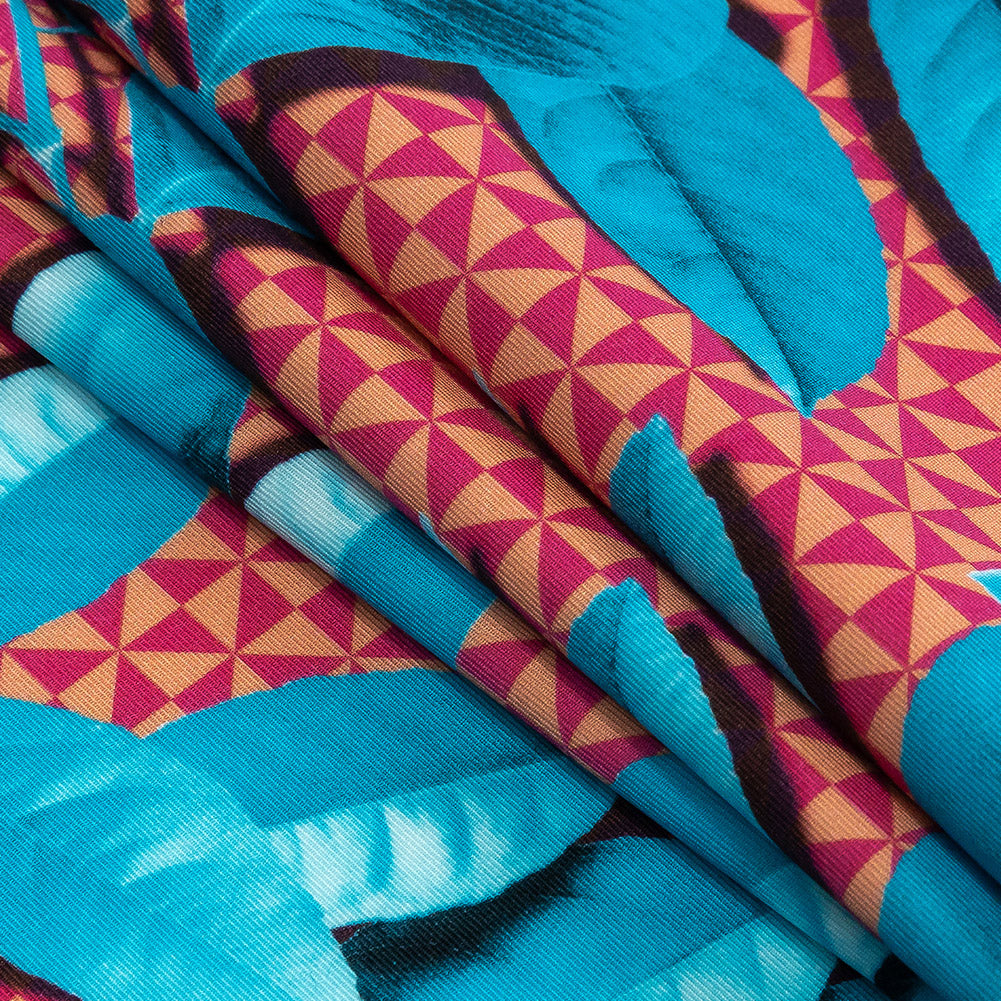 Compression Swimwear Tricot, UV Protective with Aloe Vera Microcapsules - Blue Leaves and Peach Pink Geometric - Caye Collection Folded