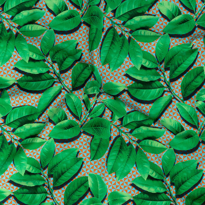Compression Swimwear Tricot, UV Protective with Aloe Vera Microcapsules - Green Leaves and Orange Geometric - Caye Collection