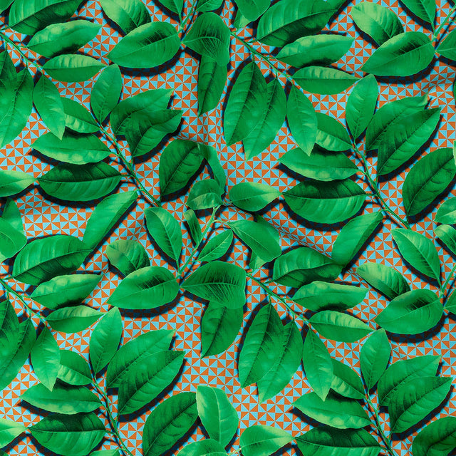 Compression Swimwear Tricot, UV Protective with Aloe Vera Microcapsules - Green Leaves and Orange Geometric - Caye Collection