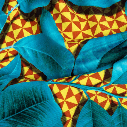 Compression Swimwear Tricot, UV Protective with Aloe Vera Microcapsules - Blue Leaves and Yellow Geometric - Caye Collection Detail