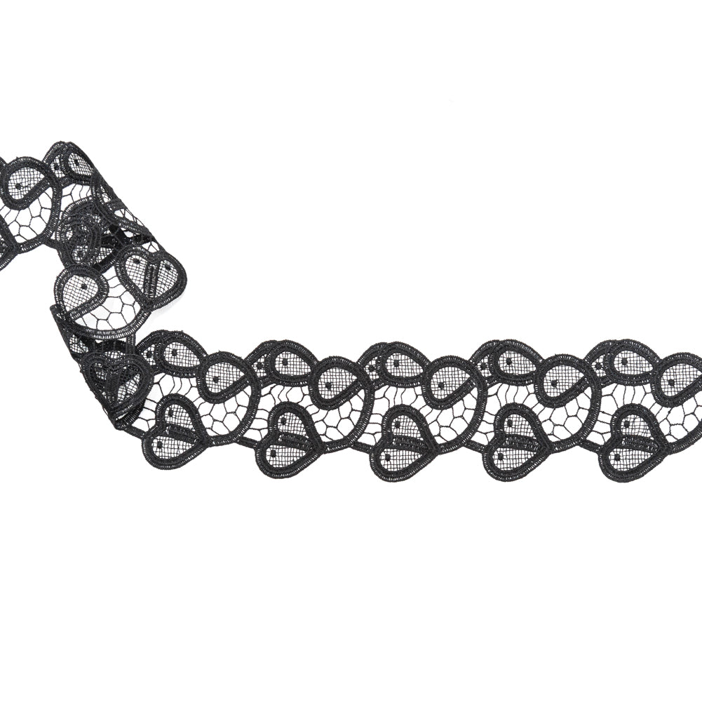 Italian Black Swirling Hearts Venise Lace Trim - 2.625"