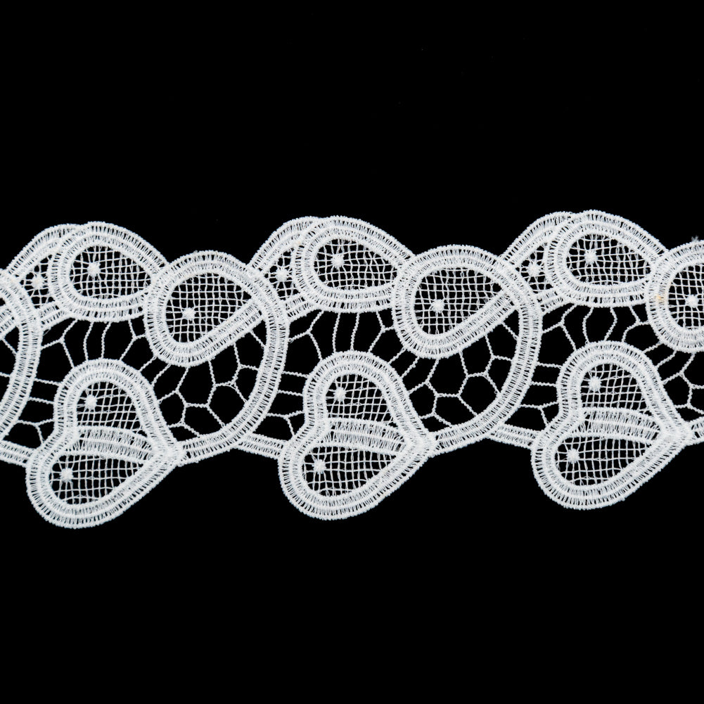 Italian Bright White Swirling Hearts Venise Lace Trim - 2.625" Detail