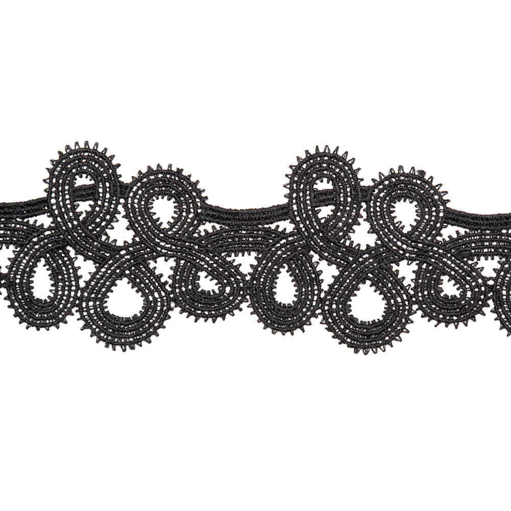 Italian Black Spiked Swirls Venise Lace Trim - 2" Detail