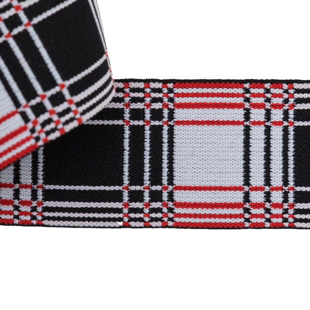 Italian White, Black and Red Plaid Elastic Trim - 1.625" Detail