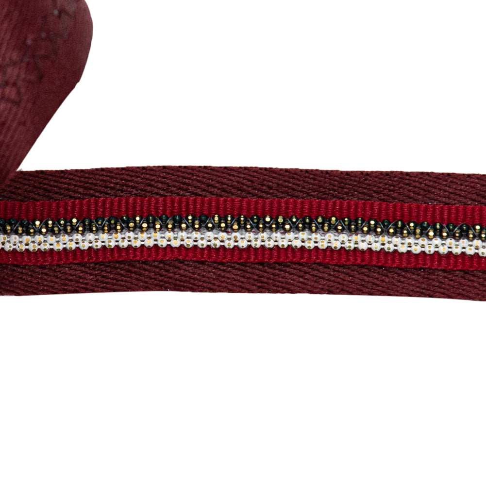 Italian Port Royale Twill Tape with Central Red Grosgrain Ribbon and Metallic Metal Ball Chains Detail