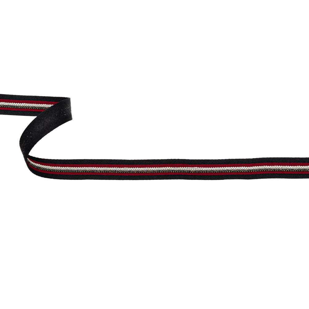 Italian Black Twill Tape with Central Red Grosgrain Ribbon and Metallic Metal Ball Chains