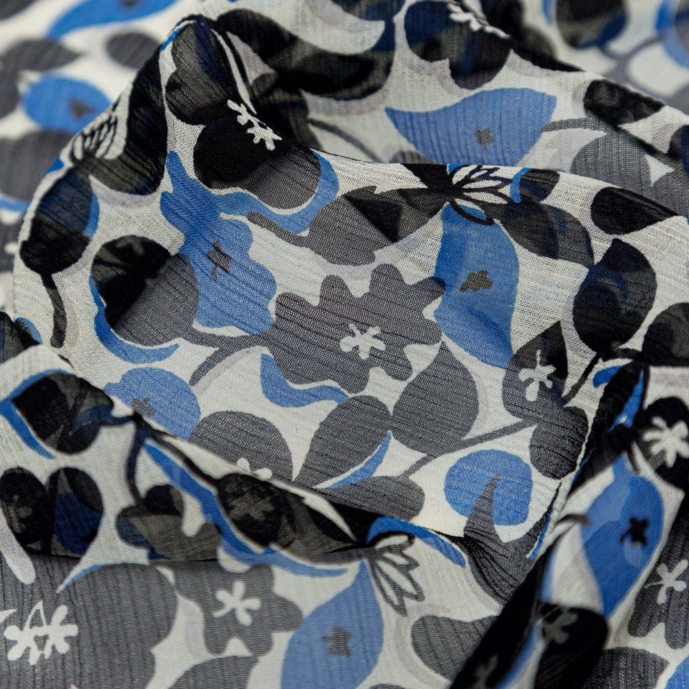 Famous NYC Designer Plum Kitten, Silver Birch and Marina Floral Crinkled Silk Chiffon Detail