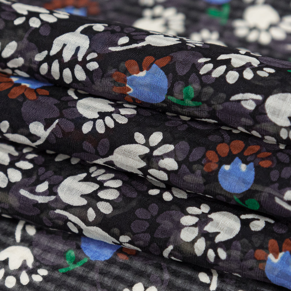 Famous NYC Designer Blackened Pearl, Jet Stream and Alaskan Blue Tossed Floral and Gingham Silk Georgette Folded