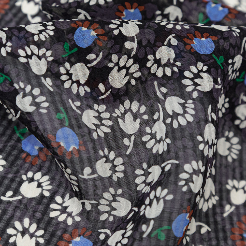 Famous NYC Designer Blackened Pearl, Jet Stream and Alaskan Blue Tossed Floral and Gingham Silk Georgette Detail