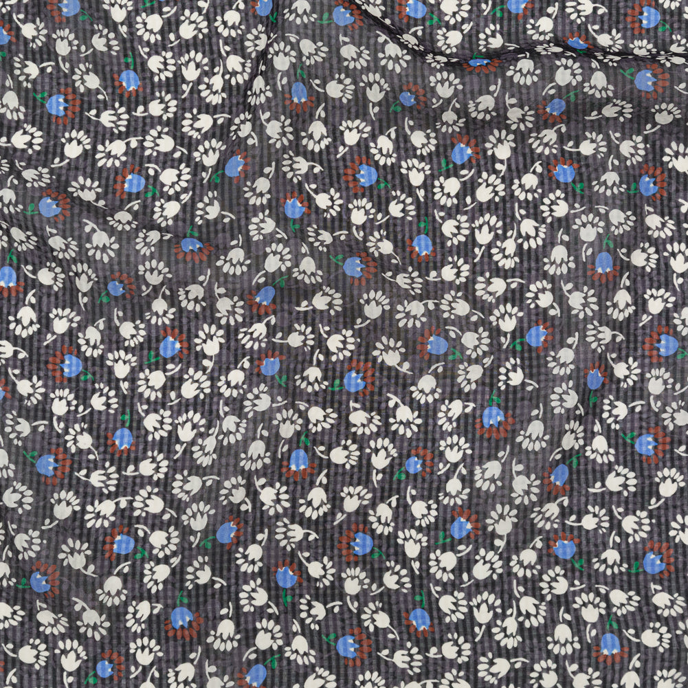 Famous NYC Designer Blackened Pearl, Jet Stream and Alaskan Blue Tossed Floral and Gingham Silk Georgette