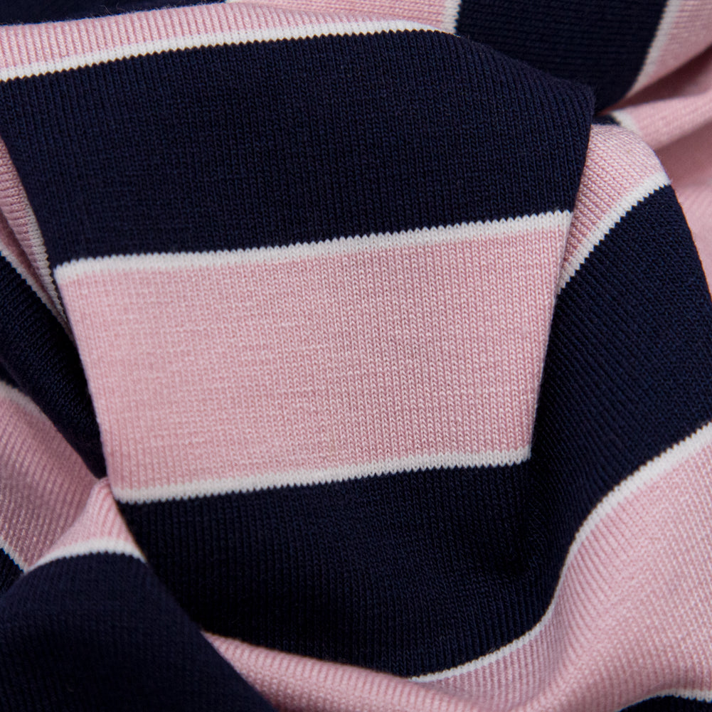 Cameo Pink and Evening Blue Awning Striped Polyester Jersey Detail