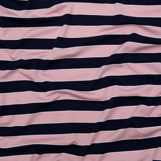 Cameo Pink and Evening Blue Awning Striped Polyester Jersey