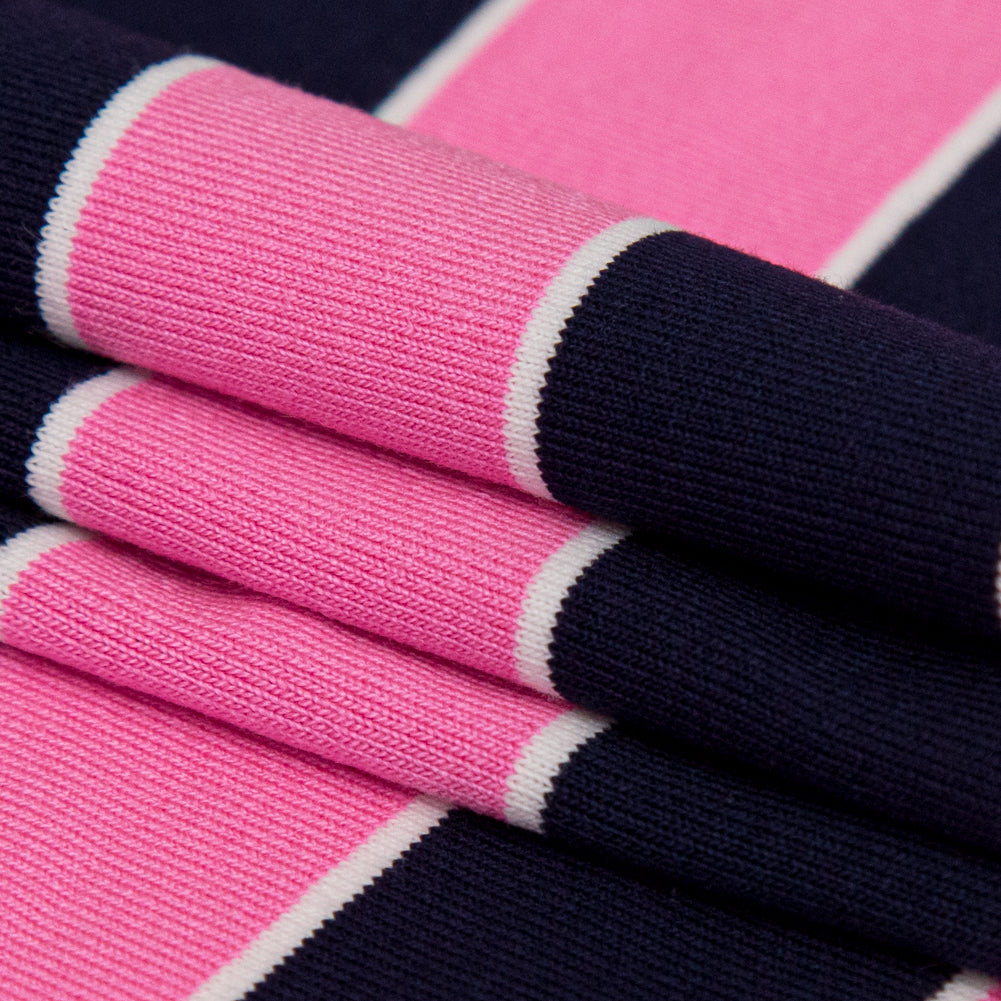 Wild Orchid and Evening Blue Awning Striped Polyester Jersey Folded