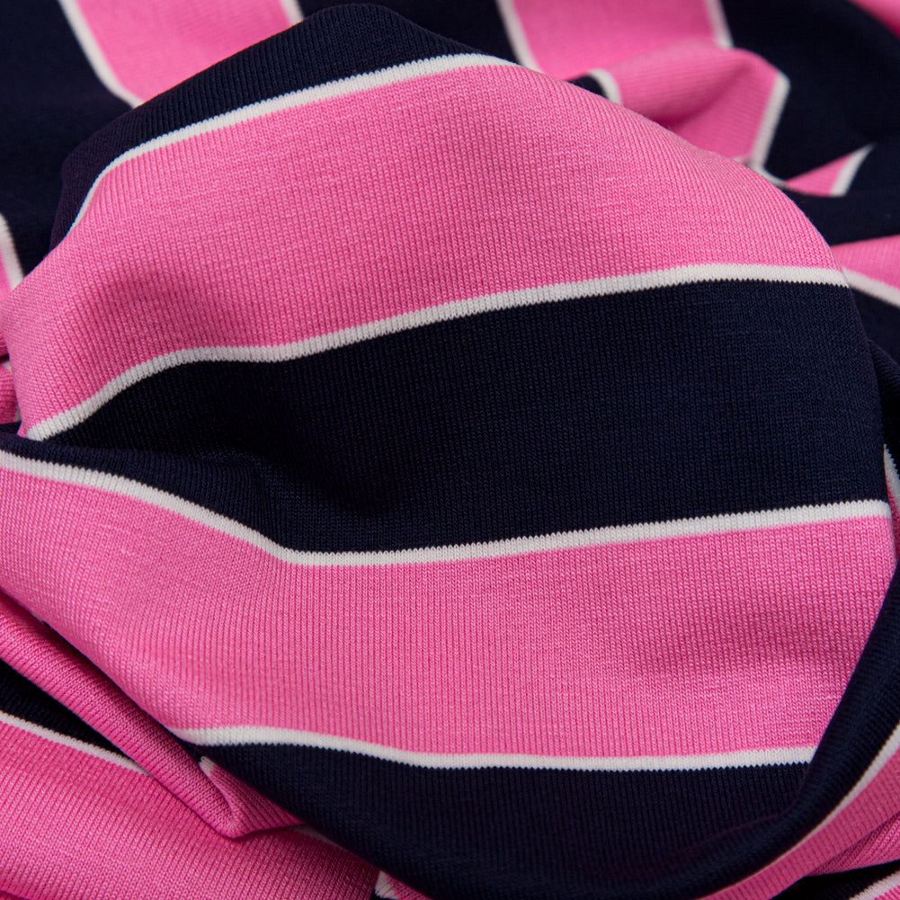 Wild Orchid and Evening Blue Awning Striped Polyester Jersey Detail