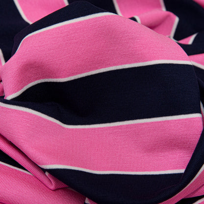 Wild Orchid and Evening Blue Awning Striped Polyester Jersey Detail