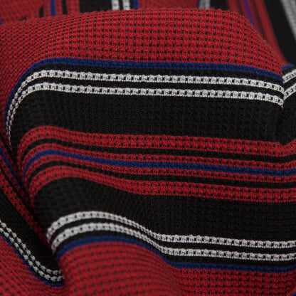 Italian Mazarine Blue, Antarctica and Aurora Red Striped Stretch Polyester Woven Detail