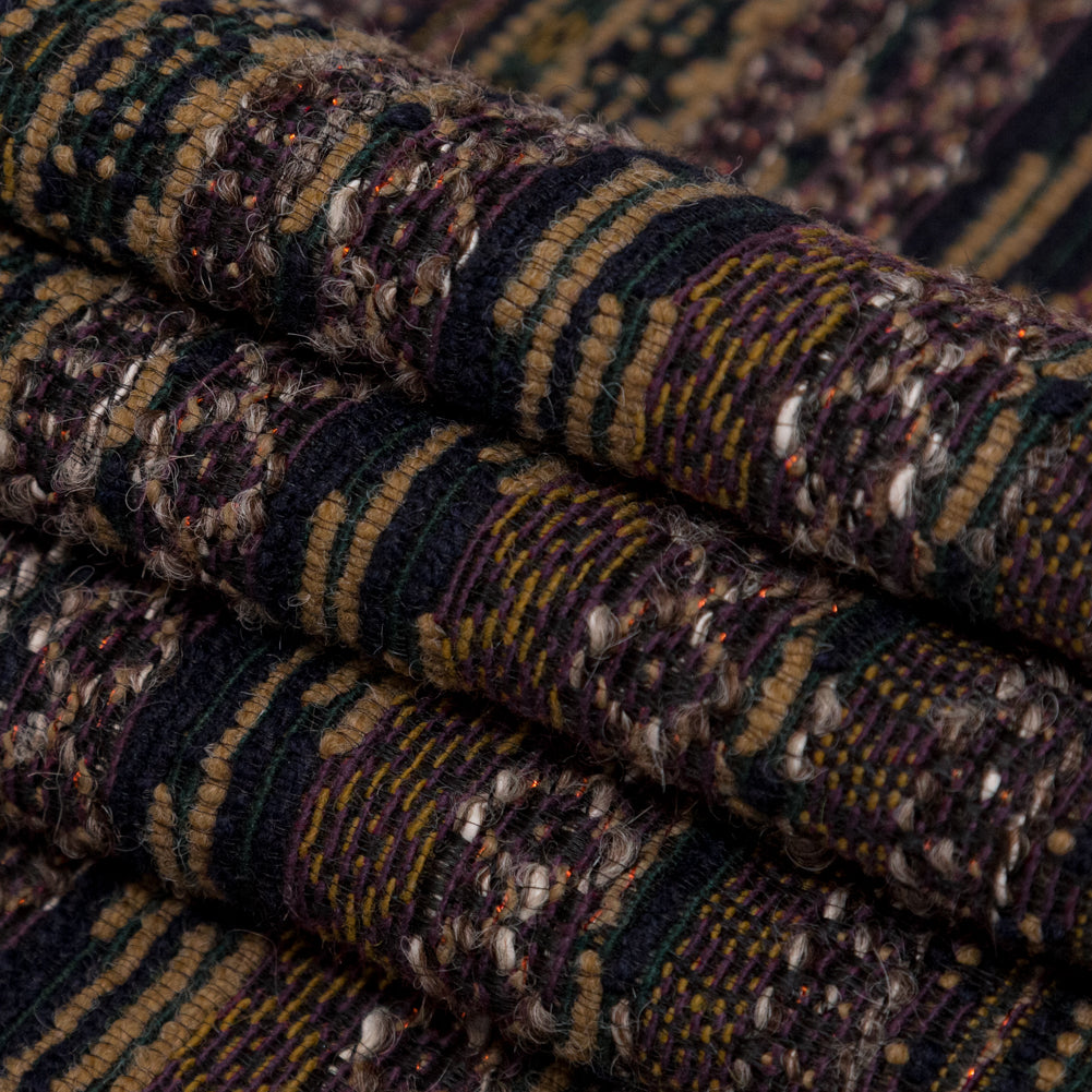 Dull Gold, Italian Plum and Hunter Green Striped Wool Tweed with Metallic Bronze Accents Folded