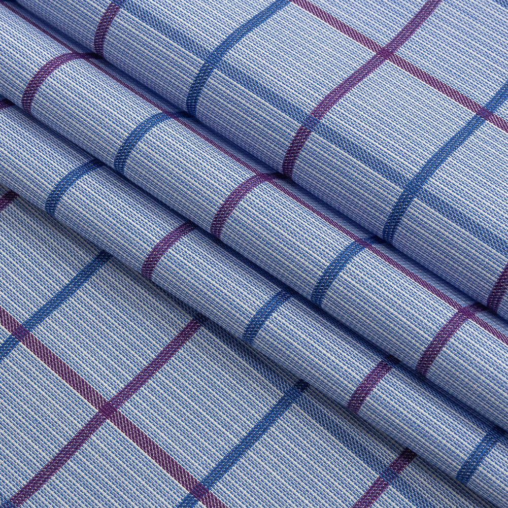 Premium Medium Blue, Maroon and Meadow Violet Tattersall Checkered and Pinstripes Cotton Shirting Folded