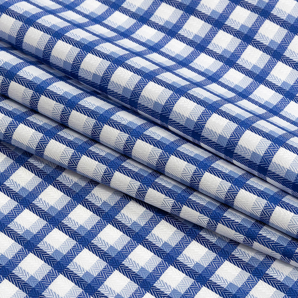 Premium Baja Blue and Hydrangea Shadow Check and Chevron Cotton Dobby Shirting Folded