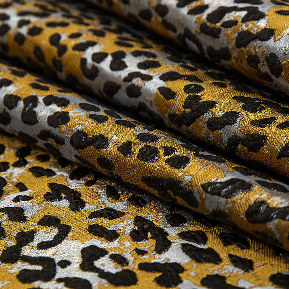 Metallic Black, Gold and Silver Leopard Patterned Luxury Brocade - Folded