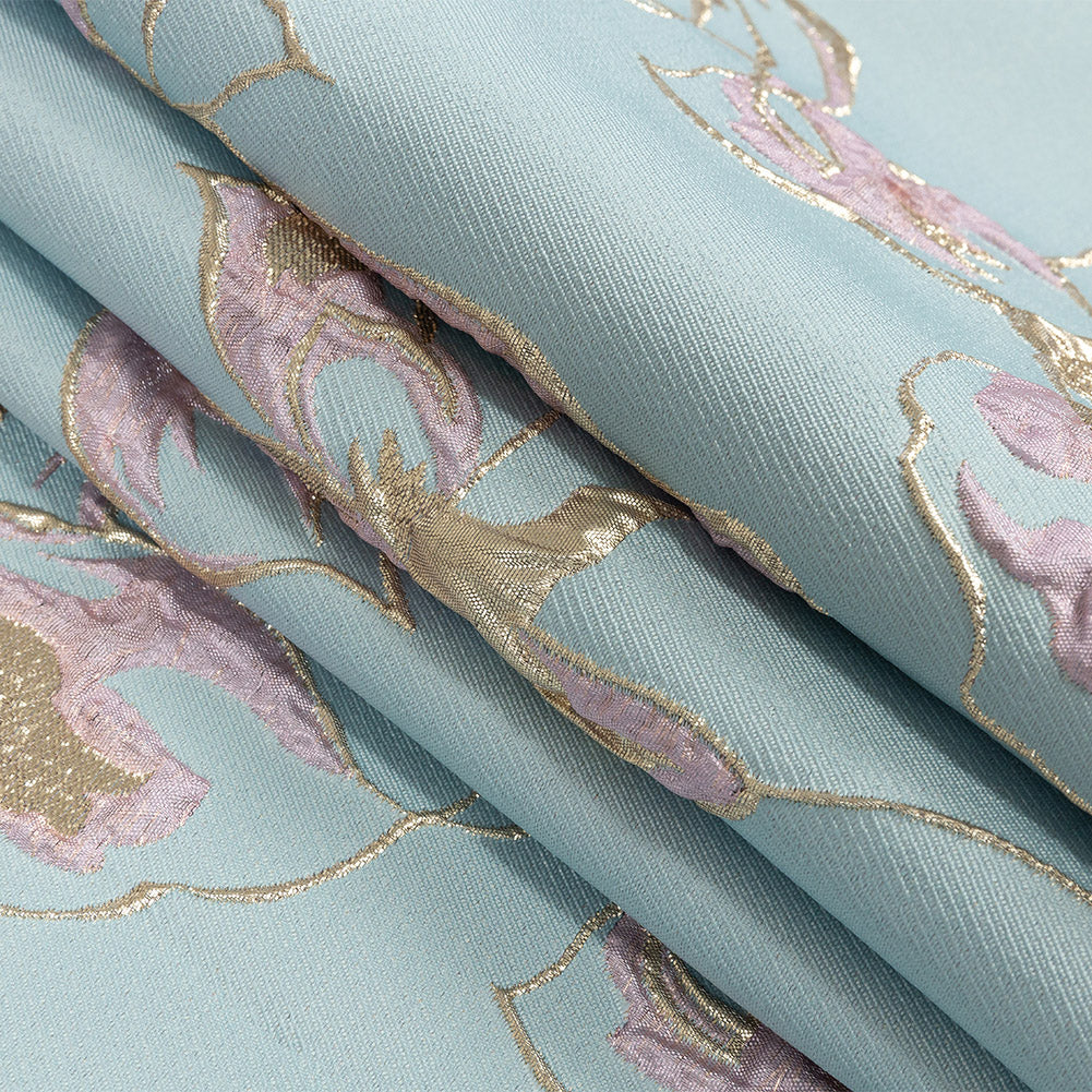 Metallic Gold, Aqua and Orchid Pink Floral Luxury Brocade - Folded