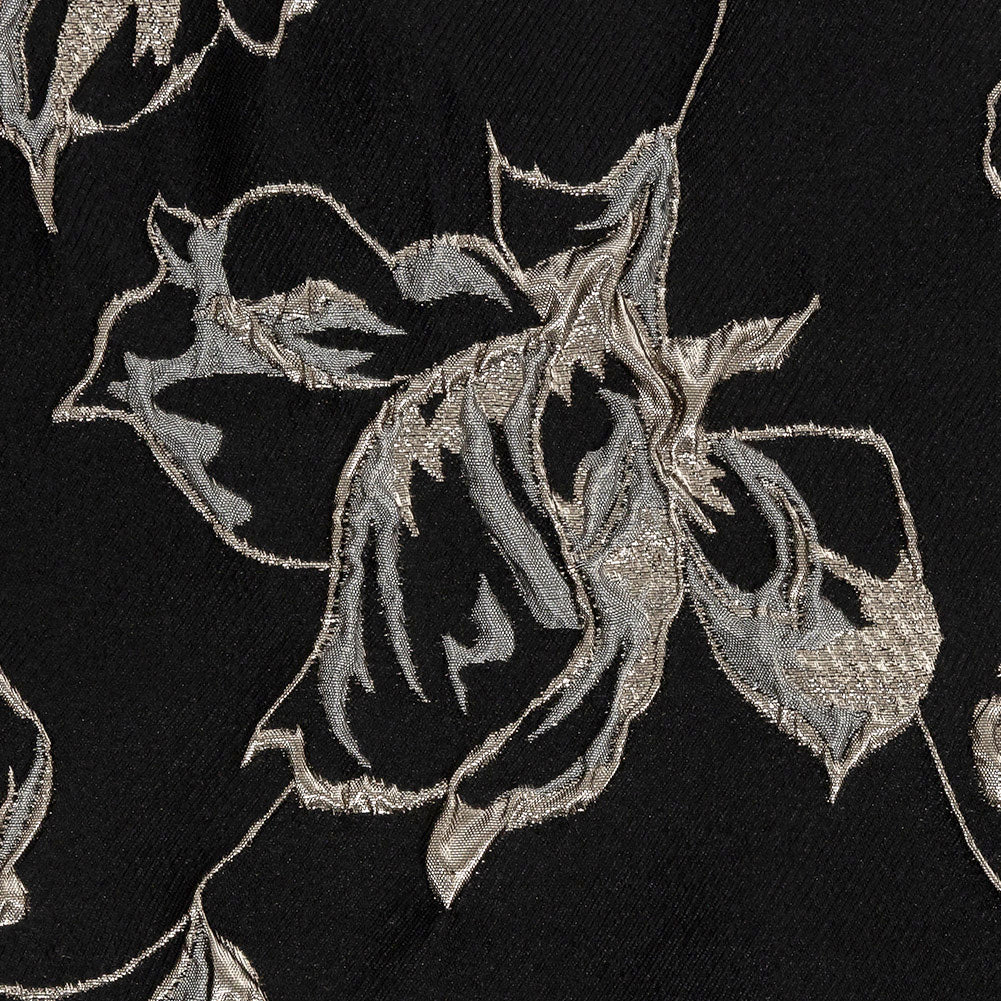 Metallic Silver, Black and Gray Floral Luxury Brocade - Detail