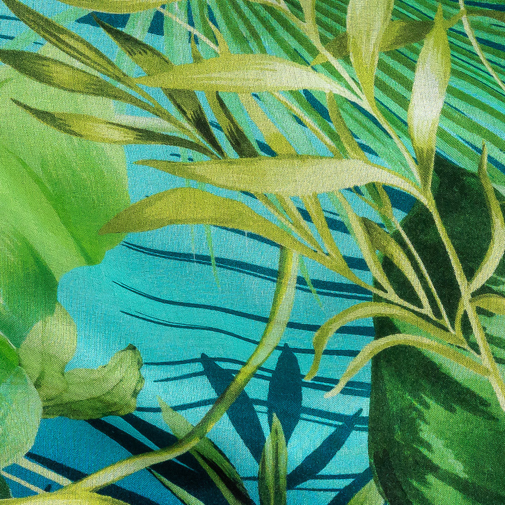 Mood Exclusive Italian Green and Blue Ferns and Foliage Digitally Printed Silk Chiffon Detail