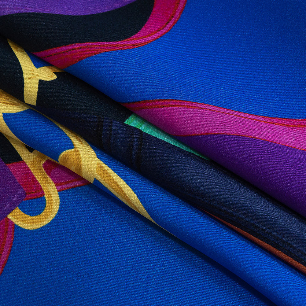 Mood Exclusive Italian Royal Blue, Orange and Gold Chains and Purse Straps Digitally Printed Silk Charmeuse Folded