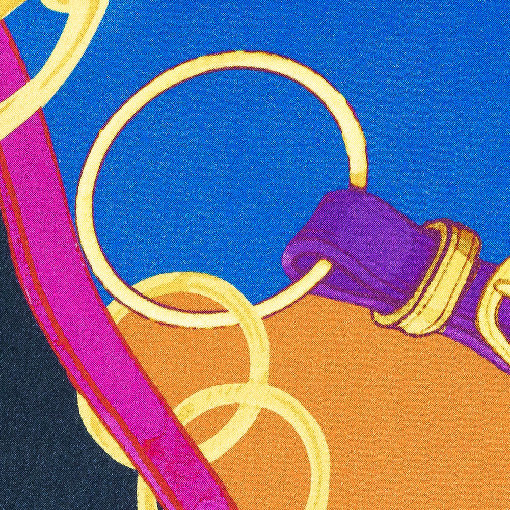 Mood Exclusive Italian Royal Blue, Orange and Gold Chains and Purse Straps Digitally Printed Silk Charmeuse Detail