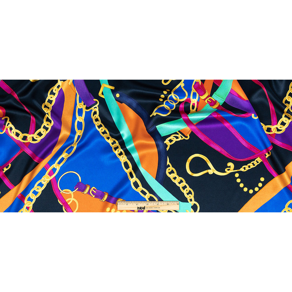 Mood Exclusive Italian Royal Blue, Orange and Gold Chains and Purse Straps Digitally Printed Silk Charmeuse Full