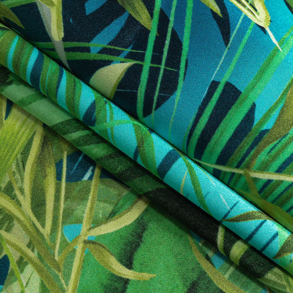 Mood Exclusive Italian Green and Blue Ferns and Foliage Digitally Printed Silk Charmeuse Folded
