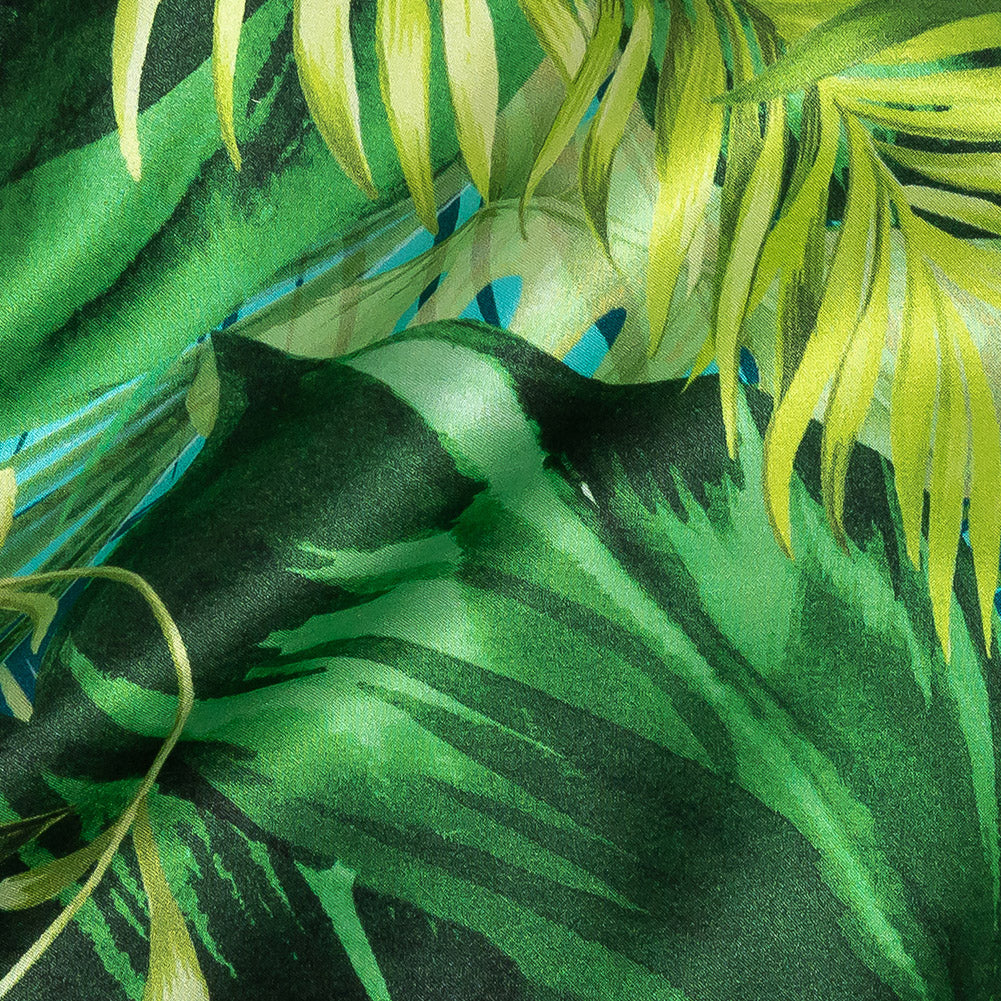 Mood Exclusive Italian Green and Blue Ferns and Foliage Digitally Printed Silk Charmeuse Detail