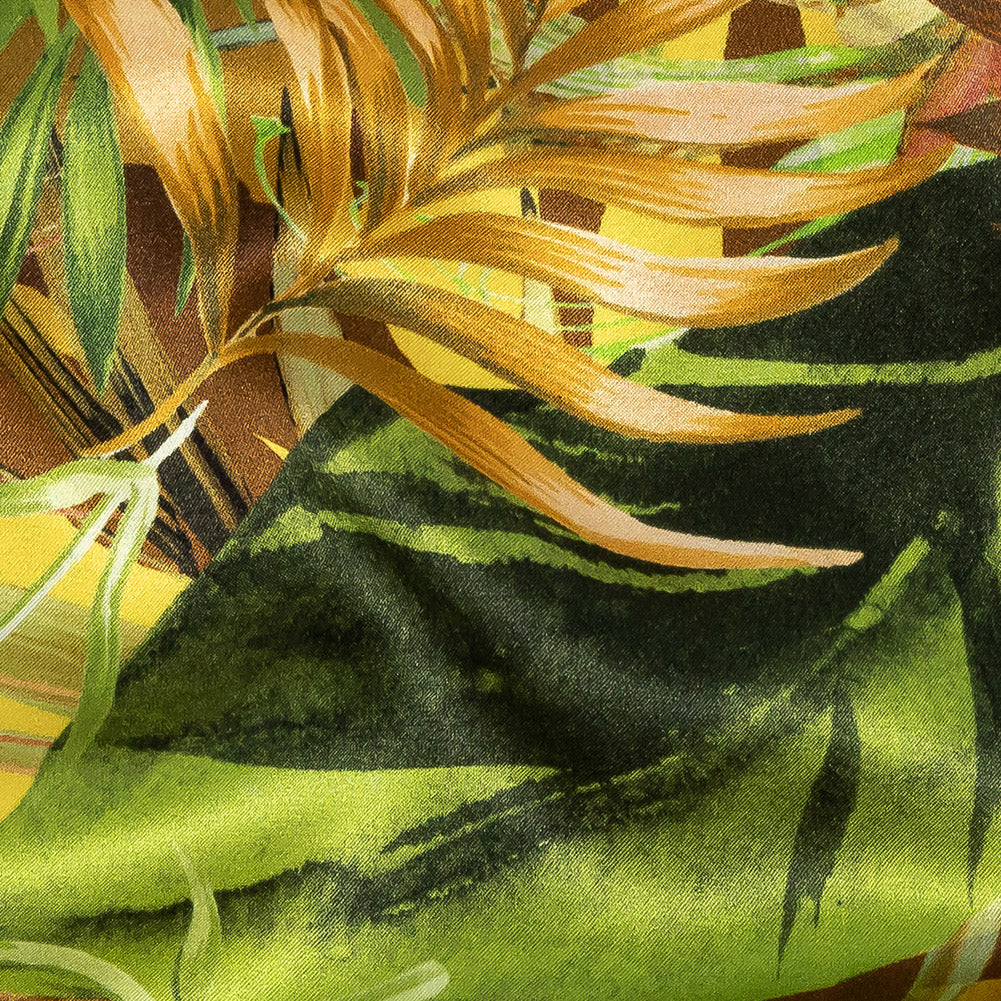 Mood Exclusive Italian Green and Mustard Ferns and Foliage Digitally Printed Silk Charmeuse Detail