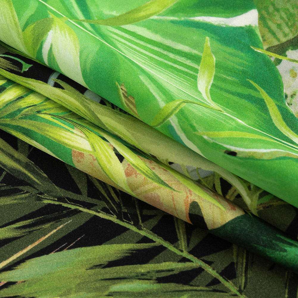Mood Exclusive Italian Green and Black Ferns and Foliage Digitally Printed Silk Charmeuse Folded