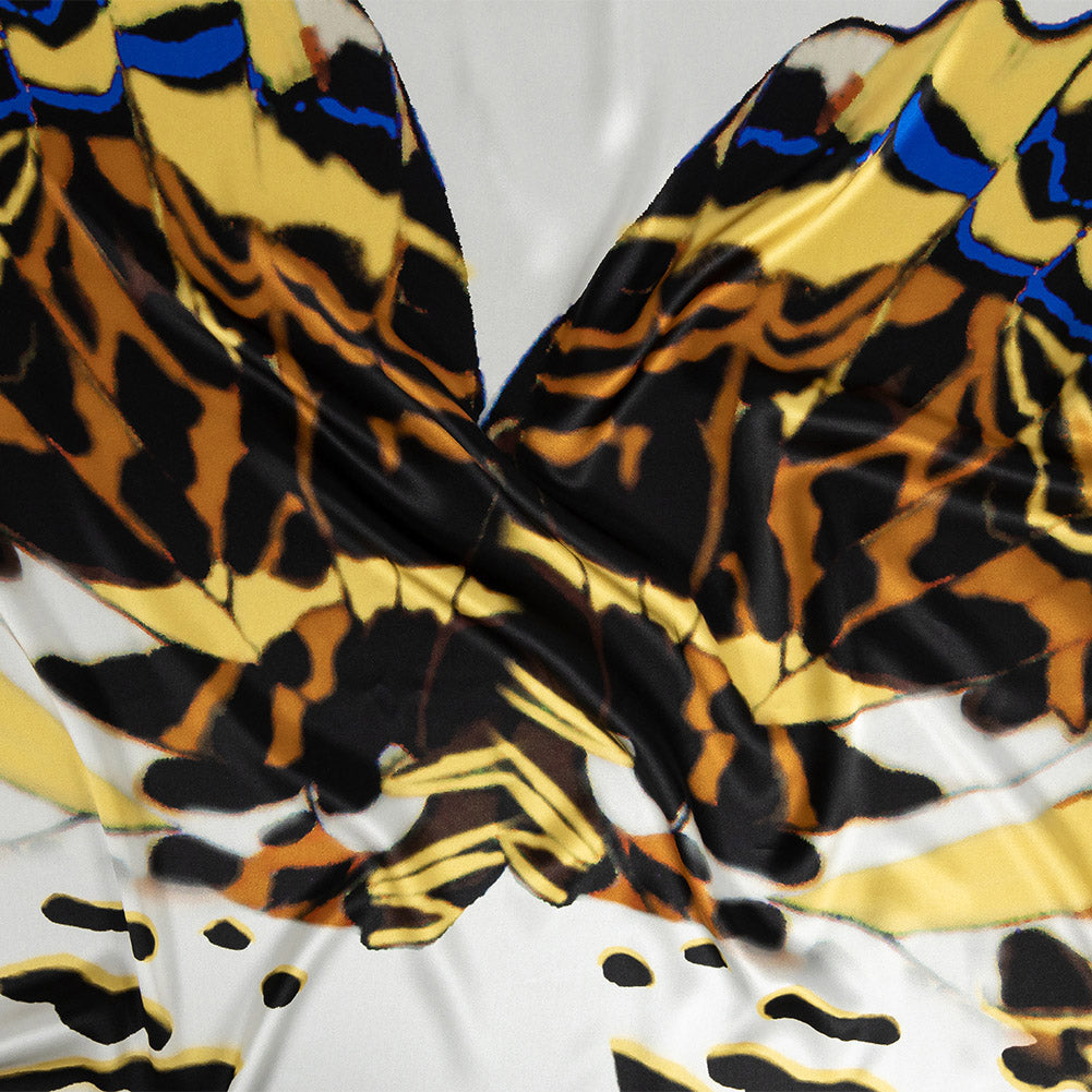 Mood Exclusive Italian White, Yellow and Royal Large-Scale Butterfly Digitally Printed Silk Charmeuse