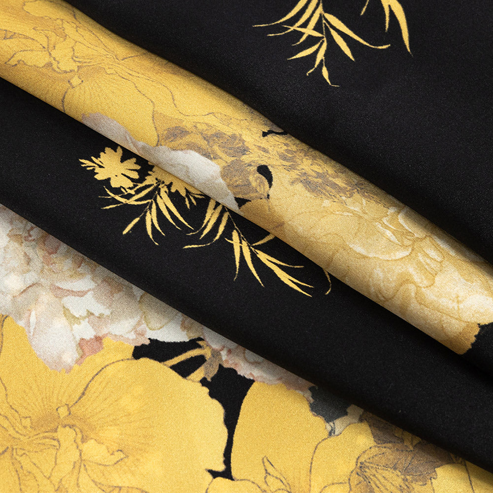 Mood Exclusive Italian Gold and Black Ornate Floral Digitally Printed Silk Charmeuse Panel Folded