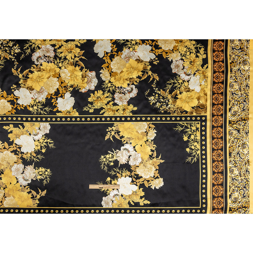 Mood Exclusive Italian Gold and Black Ornate Floral Digitally Printed Silk Charmeuse Panel Full