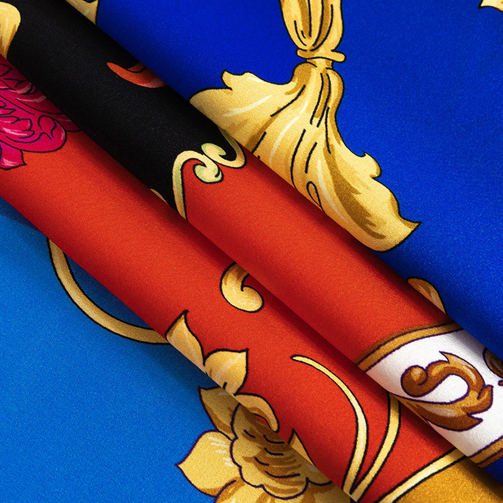 Mood Exclusive Italian Cobalt, Golden Oak and Hot Coral Ornate Digitally Printed Silk Charmeuse Folded