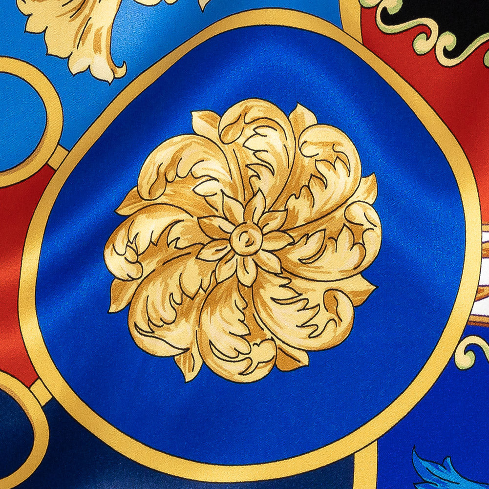 Mood Exclusive Italian Cobalt, Golden Oak and Hot Coral Ornate Digitally Printed Silk Charmeuse Detail