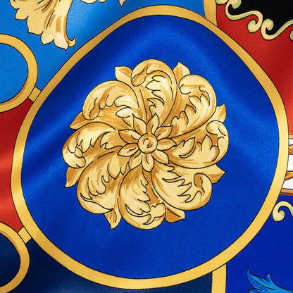 Mood Exclusive Italian Cobalt, Golden Oak and Hot Coral Ornate Digitally Printed Silk Charmeuse Detail