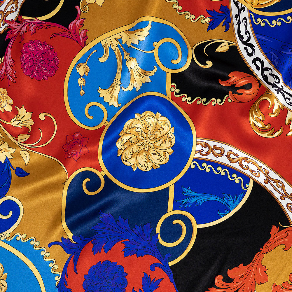 Mood Exclusive Italian Cobalt, Golden Oak and Hot Coral Ornate Digitally Printed Silk Charmeuse